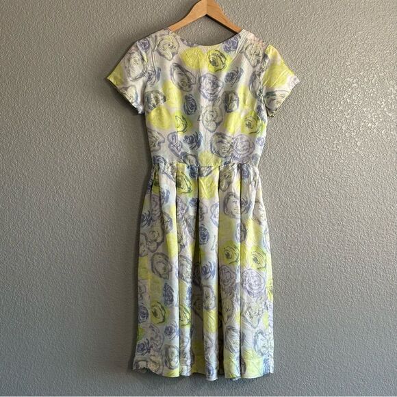 Mode O'Day True Vintage Dress Rose Print Yellow Blue Size Small Midi Union Made - Picture 1 of 8
